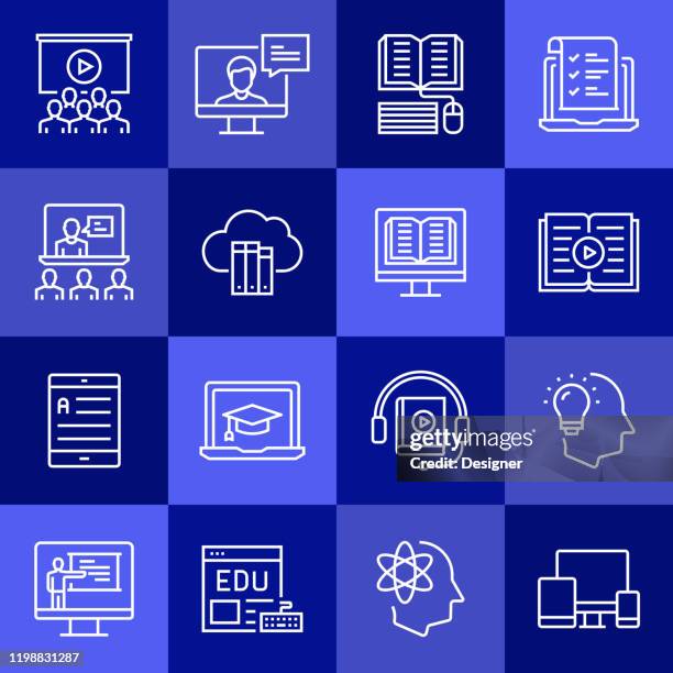 simple set of e-learning related vector line icons. outline symbol collection - learning computer programming stock illustrations