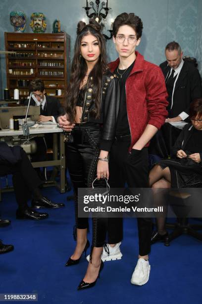 Elisa Maino and Diego Lazzari are seen at Dolce & Gabbana Front Row during Milan Men's Fashion Week Fall/Winter 2020/2021 on January 11, 2020 in...