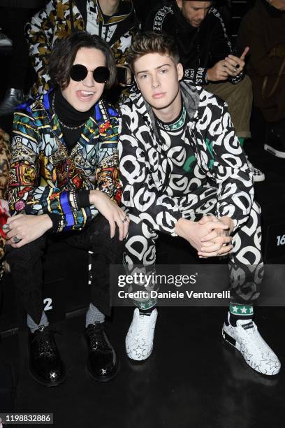 Chase Hudson and Blake Gray are seen at Dolce & Gabbana Front Row during Milan Men's Fashion Week Fall/Winter 2020/2021 on January 11, 2020 in Milan,...