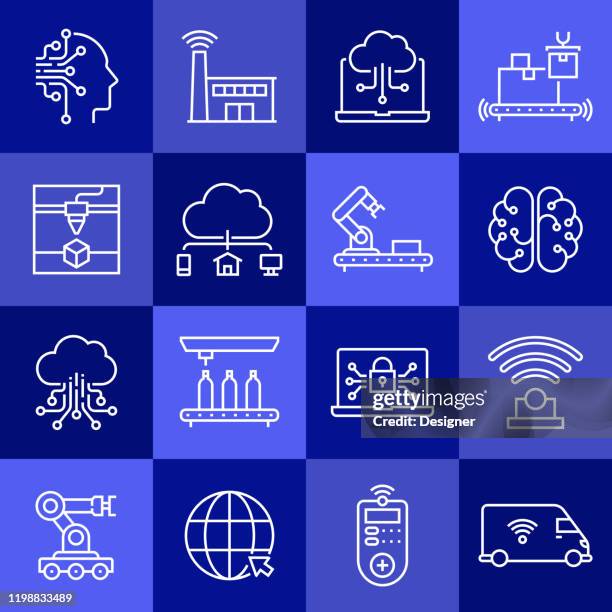 simple set of industry 4.0 related vector line icons. outline symbol collection. - virtual business strategy stock illustrations
