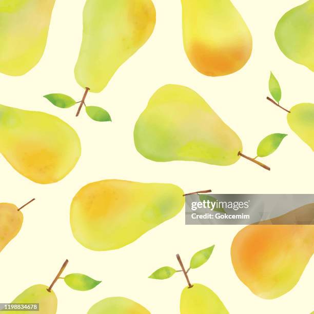 watercolor pears seamless background pattern.hand painted minimalist seamless pattern with watercolor whole pears and green leaves. - pear stock illustrations