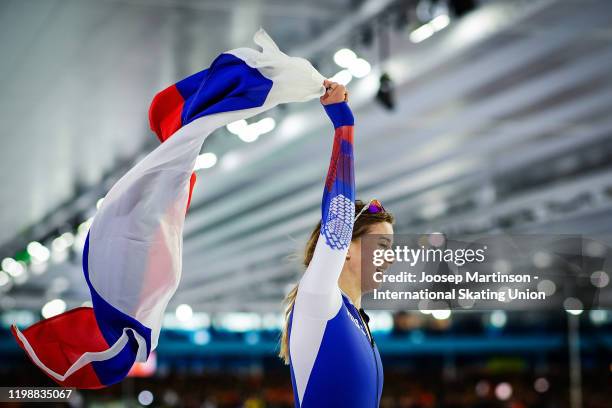 Olga Fatkulina of Russia reacts after winning in the Ladies 500m during day 2 of the ISU European Speed Skating Championships at ice rink Thialf on...