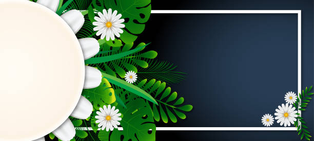 spring background and green leaves with paper card note - spring background top view stock illustrations