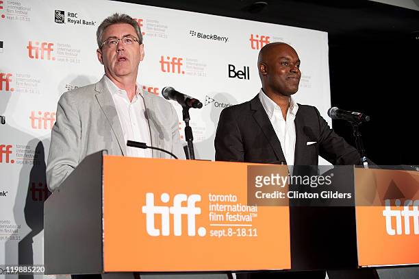 Director and CEO of TIFF Piers Handling, and Co-Director of TIFF Cameron Bailey speak during the Toronto International Film Festival opening press...