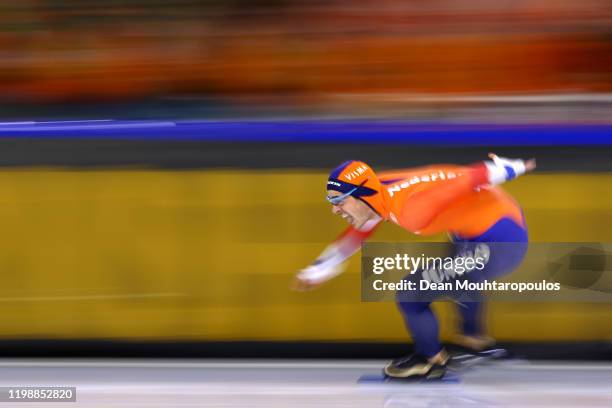 Jan Smeekens of Netherlands competes in the 500m Mens Final during the ISU European Speed Skating Championships at the Thialf Arena on January 11,...