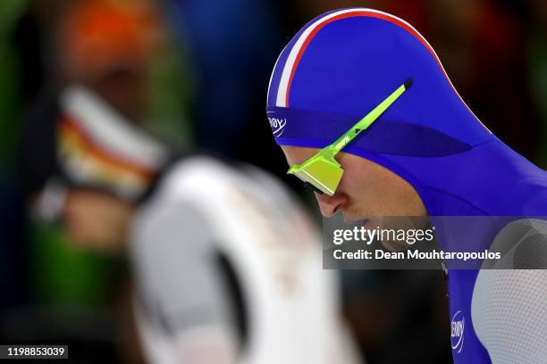 Odin By Farstad of Norway and Jeremias Marx of Germany compete in the 500m Mens Final during the ISU European Speed Skating Championships at the...