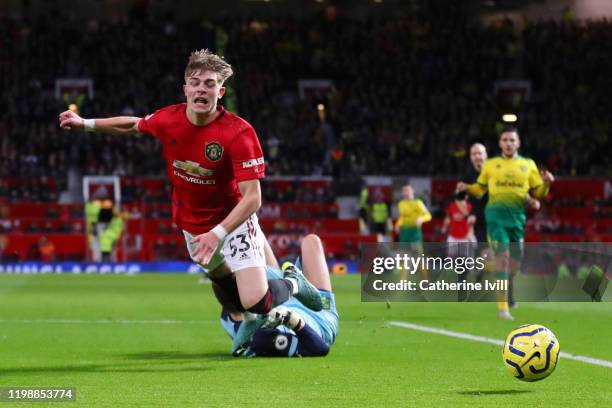 Brandon Williams of Manchester United is fouled by Tim Krul of Norwich City resulting in a penalty during the Premier League match between Manchester...