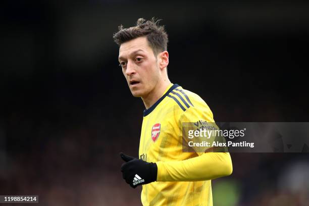 Mesut Ozil of Arsenal reacts during the Premier League match between Crystal Palace and Arsenal FC at Selhurst Park on January 11, 2020 in London,...
