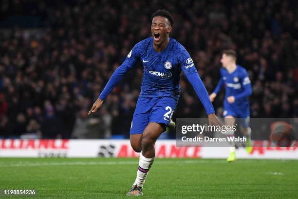 Callum Hudson-Odoi of Chelsea celebrates after scoring his team's third goal during the Premier League match between Chelsea FC and Burnley FC at...