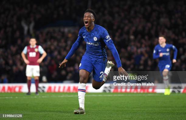 Callum Hudson-Odoi of Chelsea celebrates after scoring his team's third goal during the Premier League match between Chelsea FC and Burnley FC at...