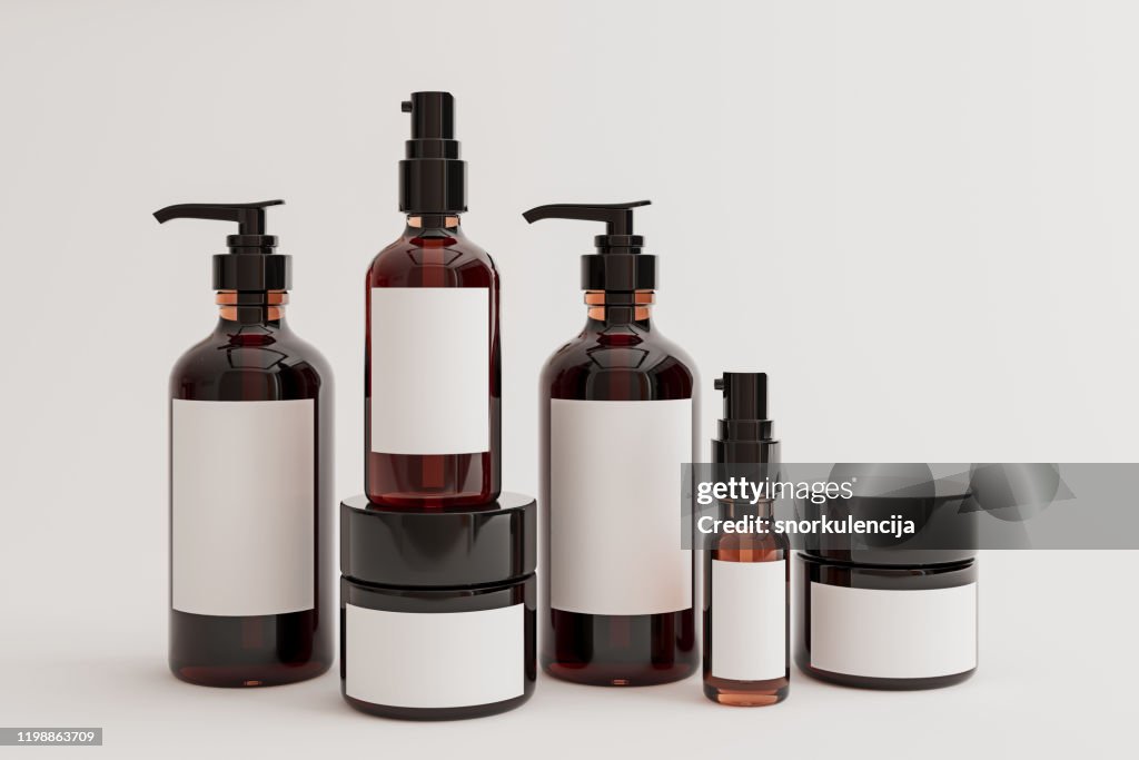 Skin and hair care beauty product mock-up, lotion bottle, oil, cream, isolated on white, 3d render, 3d illustration