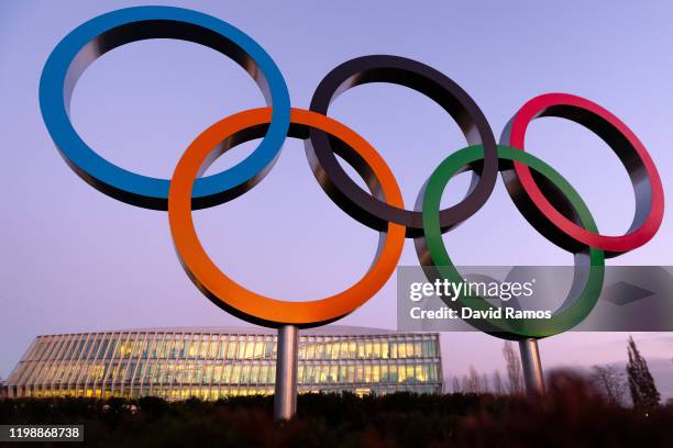 Ioc Rings The Olympic Rings sit on display outside the International Olympic ...