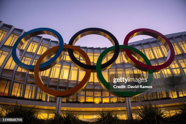 The Olympic Rings sit on display outside the International Olympic Committee Headquarters on January 11, 2020 in Lausanne, Switzerland.