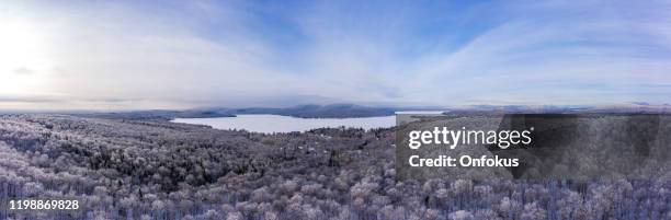 aerial panoramic view of boreal nature forest in winter after snowstorm, quebec, canada - nature reserve stock pictures, royalty-free photos & images