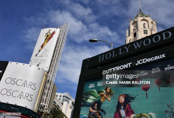 Oscars posters promoting the 92nd Annual Academy Awards outside the Dolby Theatre in Hollywood, California, on February 5, 2020.