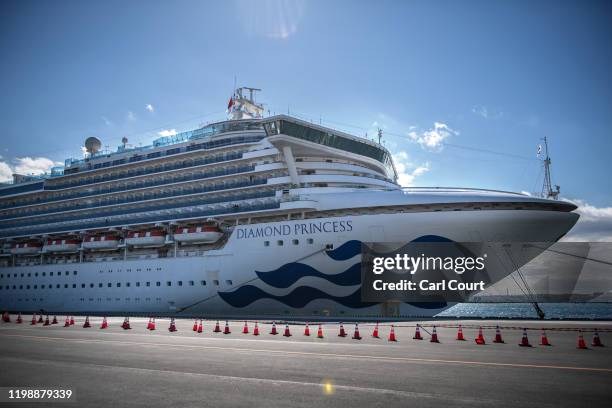 The Diamond Princess cruise ship sits docked at Daikoku Pier where it will be resupplied and newly diagnosed coronavirus cases taken to hospital as...