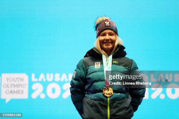 Gold medalist Amanda Salzgeber of Austria poses for a photo during the medal ceremony for Women's Alpine Combined Slalom in Alpine Skiing during day...