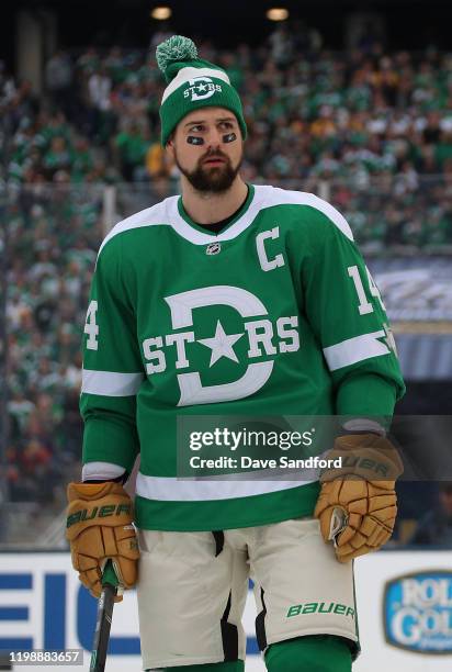 Jamie Benn of the Dallas Stars looks on during warm-up prior to the 2020 NHL Winter Classic between the Nashville Predators and the Dallas Stars at...
