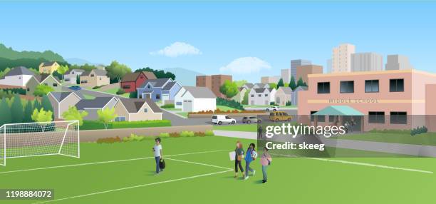 stockillustraties, clipart, cartoons en iconen met huizen op de heuvel met school - suburb