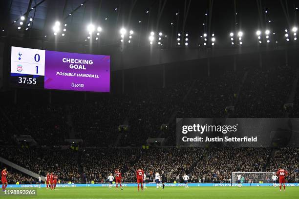 Check during the Premier League match between Tottenham Hotspur and Liverpool FC at Tottenham Hotspur Stadium on January 11, 2020 in London, United...