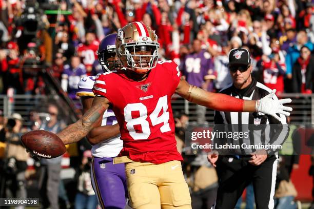 Kendrick Bourne of the San Francisco 49ers celebrates a touchdown during the first quarter against the Minnesota Vikings during the NFC Divisional...