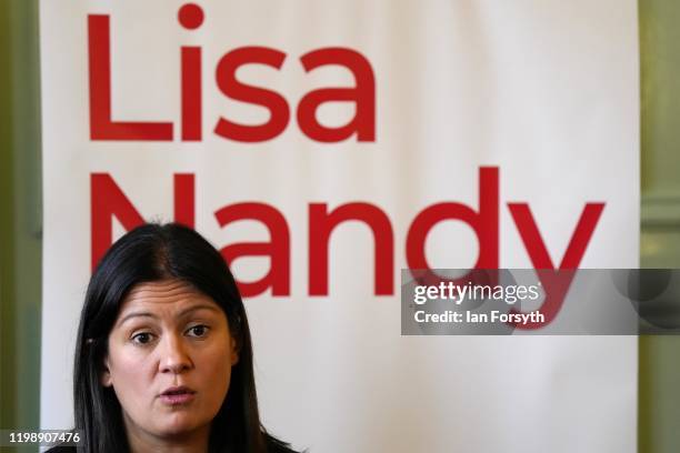 Labour Leadership candidate Lisa Nandy gives a speech to party members on local government during a speech at Worksop Town Hall on February 06, 202...