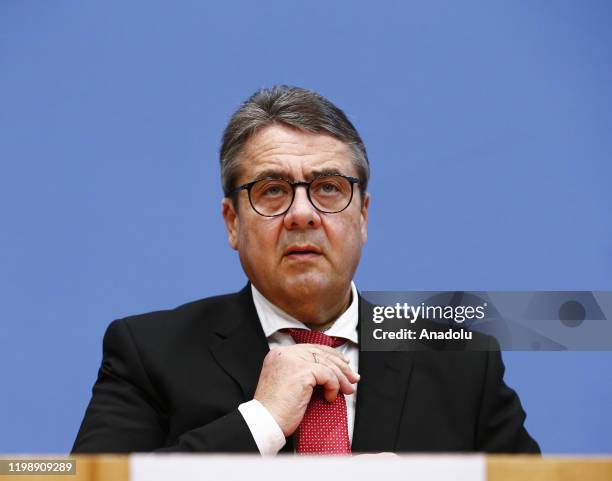 Former German Foreign Minister Sigmar Gabriel addresses a press conference with German investigative journalist Guenter Wallraff , former German...