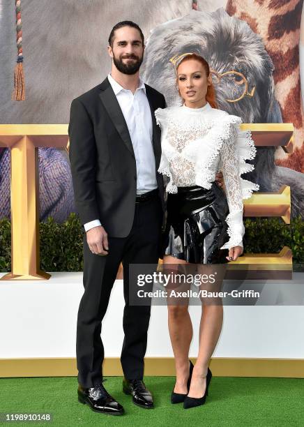 Seth Rollins and Becky Lynch attend the premiere of Universal Pictures' "Dolittle" at Regency Village Theatre on January 11, 2020 in Westwood,...