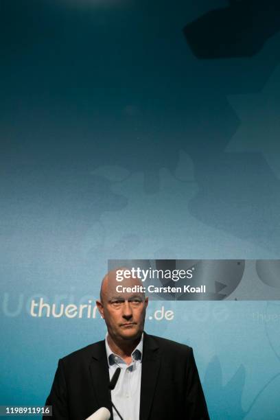 Newly elected Prime Minister of Thuringia Thomas Kemmerich, of the Free Democratic Party addresses a press conference on February 6, 2020 in Erfurt,...