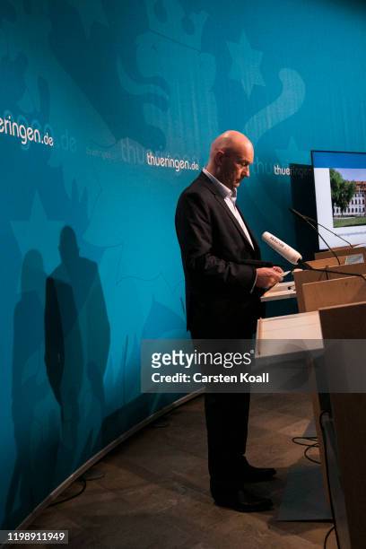 Newly elected Prime Minister of Thuringia Thomas Kemmerich, of the Free Democratic Party addresses a press conference on February 6, 2020 in Erfurt,...