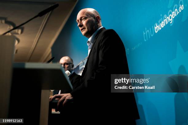 Newly elected Prime Minister of Thuringia Thomas Kemmerich, of the Free Democratic Party (FDP, speaks during a press conference on February 6, 2020...