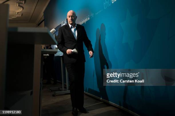 Newly elected Prime Minister of Thuringia Thomas Kemmerich, of the Free Democratic Party (FDP, arrives to a press conference on February 6, 2020 in...