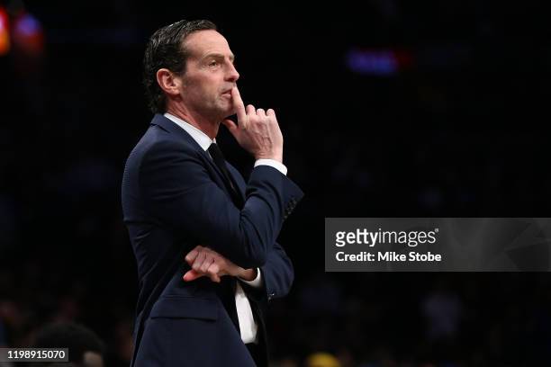 Head Coach Kenny Atkinson of the Brooklyn Nets looks on against the Golden State Warriors at Barclays Center on February 05, 2020 in New York City....
