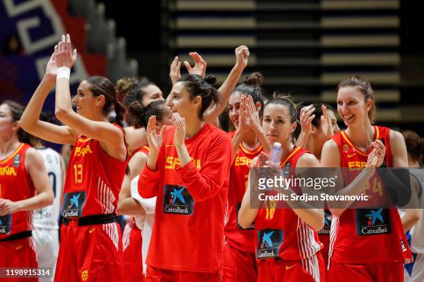 Players of Spain celebrate after winning the game against South Korea during the FIBA Women's Olympic Qualifying Tournament 2020 Group B match...