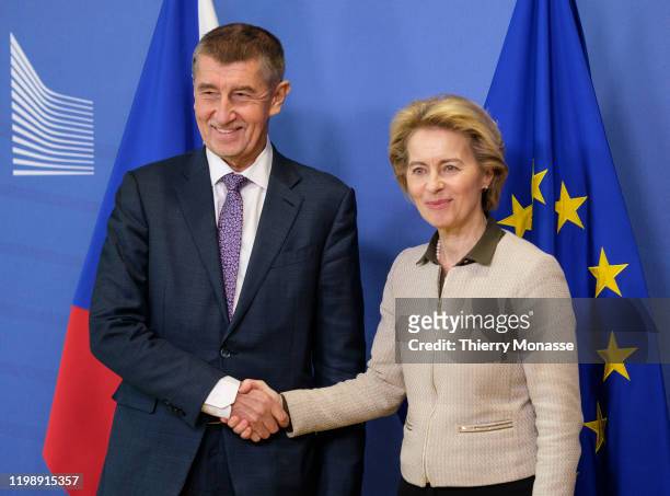 Czech Prime Minister Andrej Babis is welcomed by the President of the European Commission Ursula von der Leyen prior to a bilateral meeting in the...