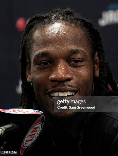 Rashean Mathis of the Jacksonville Jaguars speaks to the media at EverBank Field on July 26, 2011 in Jacksonville, Florida.