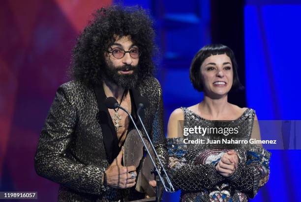 Nata Moreno and Ara Malikian receive the Best Documentary film Award for the movie 'Una vida entre las cuerdas' Award during Jose Maria Forque Awards...