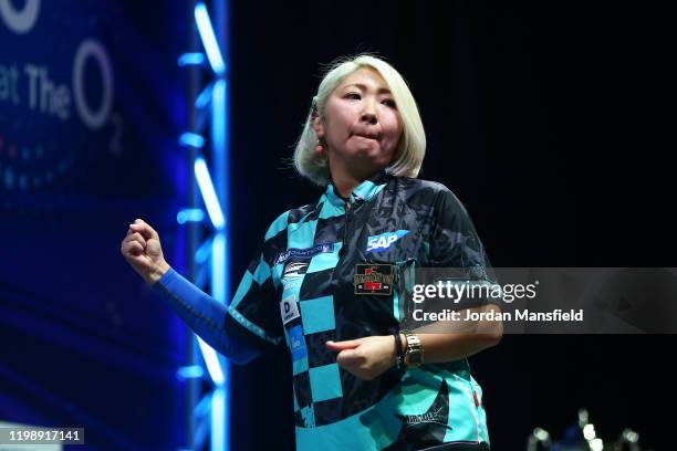 Mikuru Suzuki of Japan celebrates victory during her Womens Final match against Lisa Ashton of England during day eight of the BDO Darts...