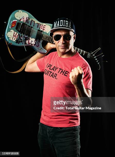 Portrait of American musician Tom Morello,photographed backstage before a live solo performance at Ashton Gate Stadium in Bristol, England on June 5,...