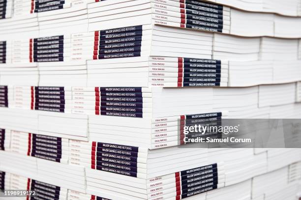 Copies of US President Donald Trump's proposed budget for the U.S. Government for the 2021 Fiscal Year are stacked on pallets after being printed at...