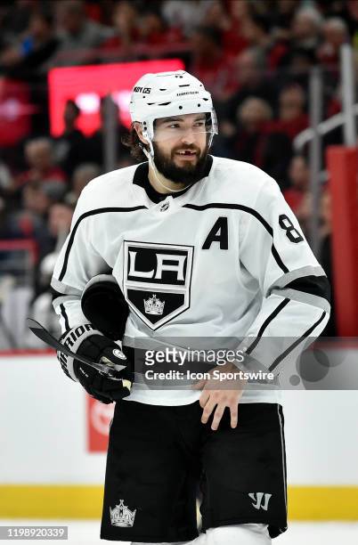 Kings defenseman Drew Doughty waits for a face-off during the Los Angeles Kings vs. Washington Capitals NHL game on February 4, 2020 at Capital One...