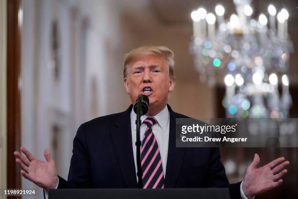 President Donald Trump speaks to the media in the East Room of the White House one day after the U.S. Senate acquitted him on two articles of...