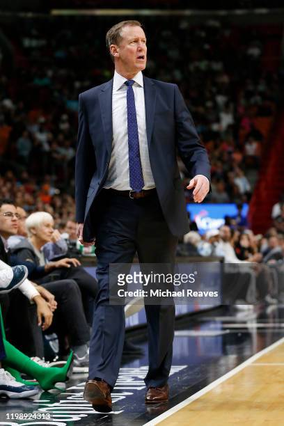 Head coach Terry Stotts of the Portland Trail Blazers reacts against the Miami Heat during the second half at American Airlines Arena on January 05,...