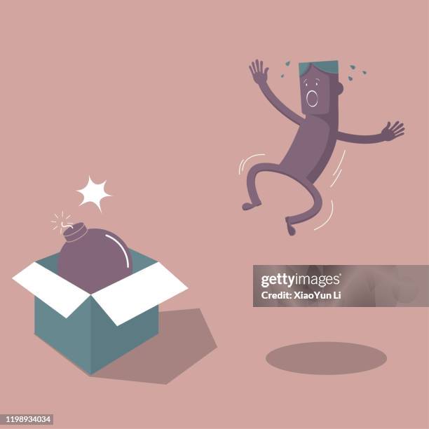 man scared by a bomb. isolated on brown background. - bouncing ball stock illustrations