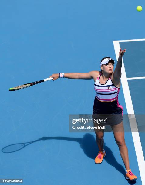 Kateryna Kozlova of the Ukraine serves during her match against Camila Giorgi of Italy on day two of the 2020 Hobart International at Domain Tennis...