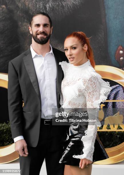 Seth Rollins and Becky Lynch attend the Premiere of Universal Pictures' "Dolittle" at Regency Village Theatre on January 11, 2020 in Westwood,...