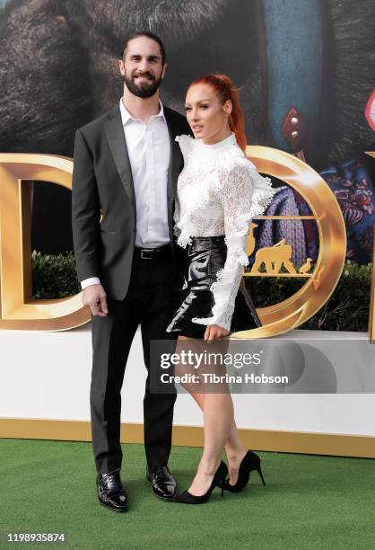 Seth Rollins and Becky Lynch attend the Premiere of Universal Pictures' "Dolittle" at Regency Village Theatre on January 11, 2020 in Westwood,...