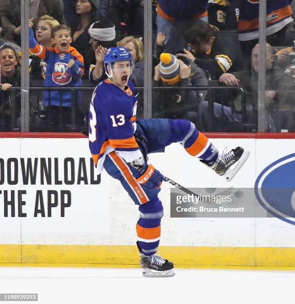 Mathew Barzal of the New York Islanders celebrates is goal at 9:33 of the third period against the Boston Bruins at the Barclays Center on January...