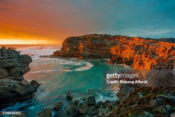 cape northumberland coastline during sunset at port macdonnell - south australia stock pictures, royalty-free photos & images