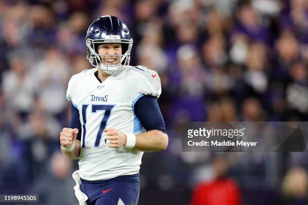Ryan Tannehill of the Tennessee Titans reacts after an incomplete pass during the second quarter against the Baltimore Ravens in the AFC Divisional...